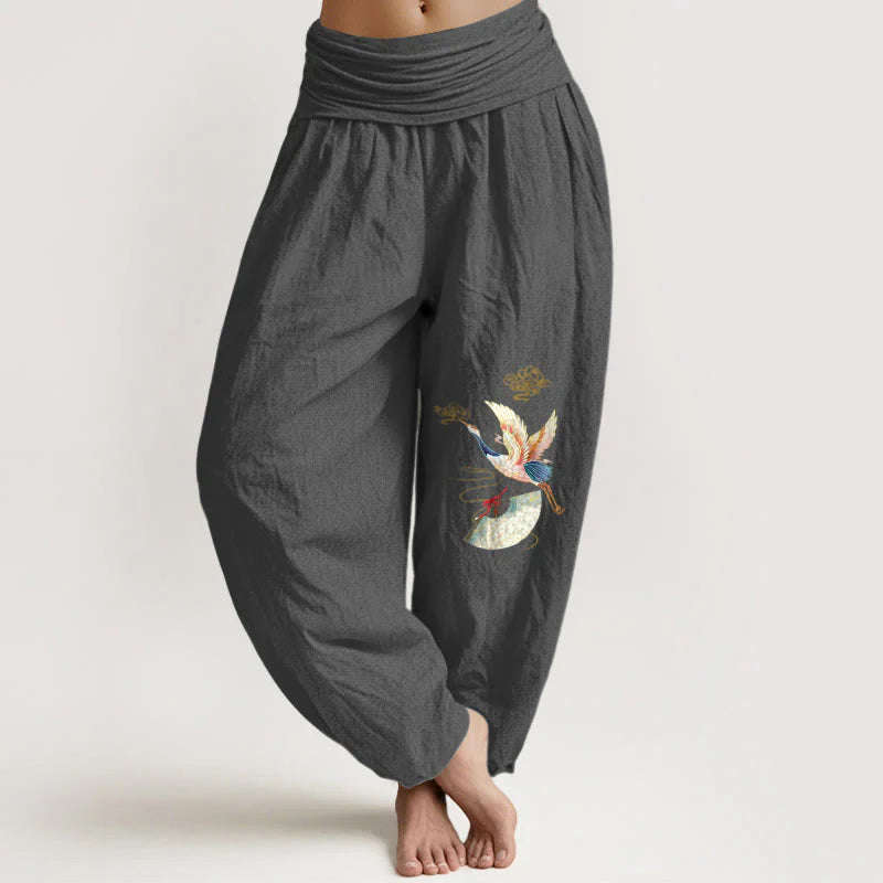 Buddha Stones Crane Folding Fan Auspicious Clouds Pattern Women's Elastic Waist Harem Cotton Pants