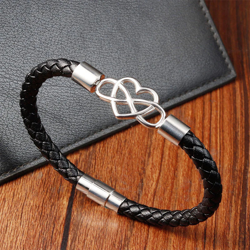Buddha Stones Endless Knot Heart Leather Titanium Steel Strength Buckle Bracelet