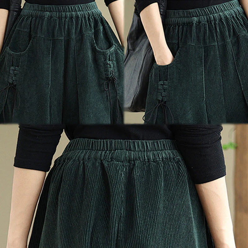 Buddha Stones Women's Pure Color Drawstring Design Wide Leg Corduroy Pants With Pockets