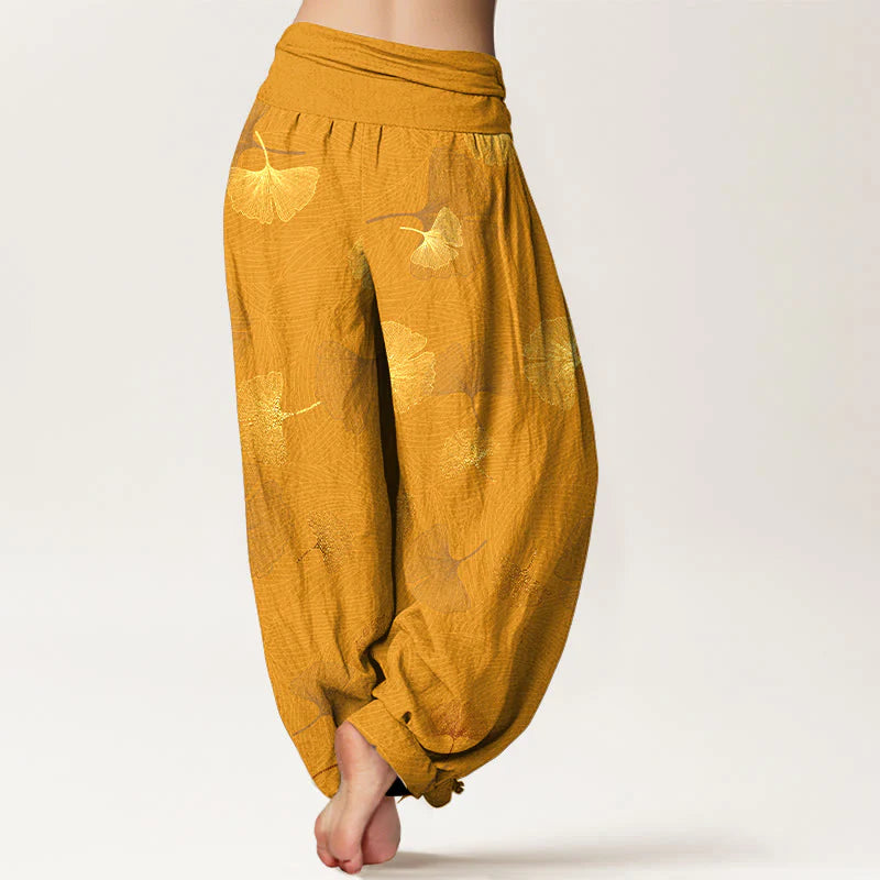 Buddha Stones Cotton Elegant Ginkgo Pattern Women's Elastic Waist Harem Pants