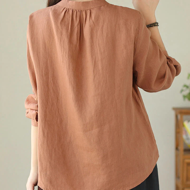 Buddha Stones Fall Casual Solid Color Stand Collar Long Sleeve Cotton Linen Women's Shirt