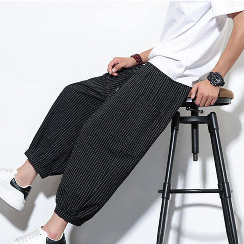 Buddha Stones Casual Striped Men's Cotton 7-8 Length Harem Pants With Pockets