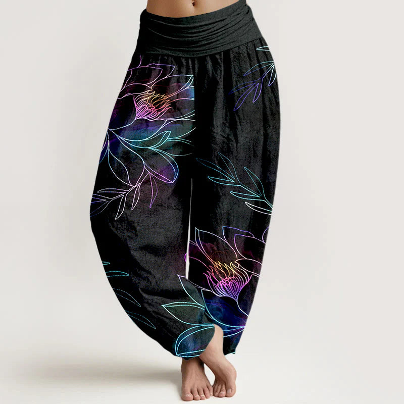Buddha Stones Cotton Neon Lotus Branches Pattern Women's Elastic Waist Harem Pants