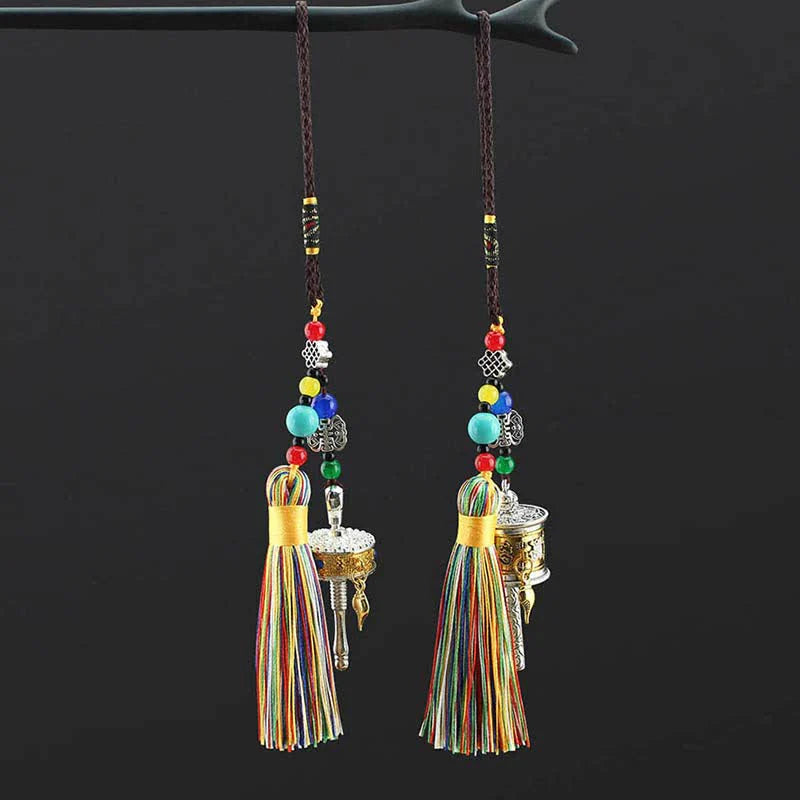 Buddha Stones Tibet Om Mani Padme Hum Prayer Wheel Tassel Bag Car Hanging Decoration