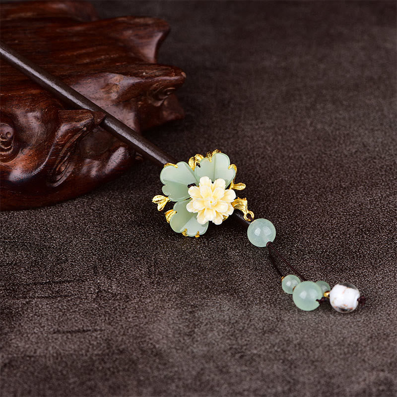 Buddha Stones Green Yellow White Flower Liuli Glass Wood Hairpin