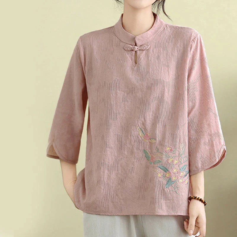 Buddha Stones Flower Embroidery Three Quarter Sleeve One Frog-Button Mandarin Collar Cotton Women's Shirt
