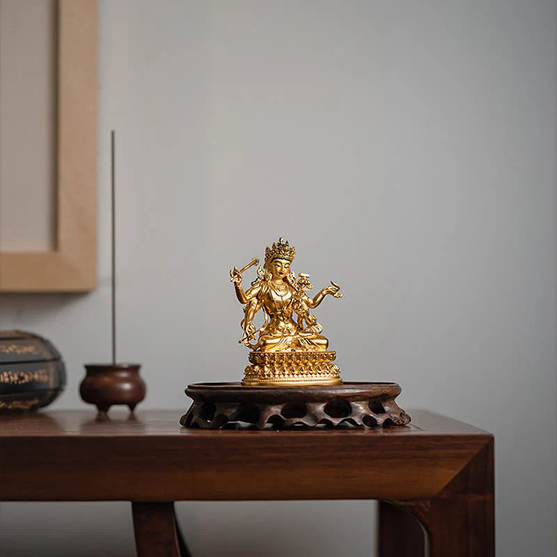 Buddha Stones Four-armed Manjusri Bodhisattva Gold Figurine Compassion Serenity Copper Statue Home Decoration