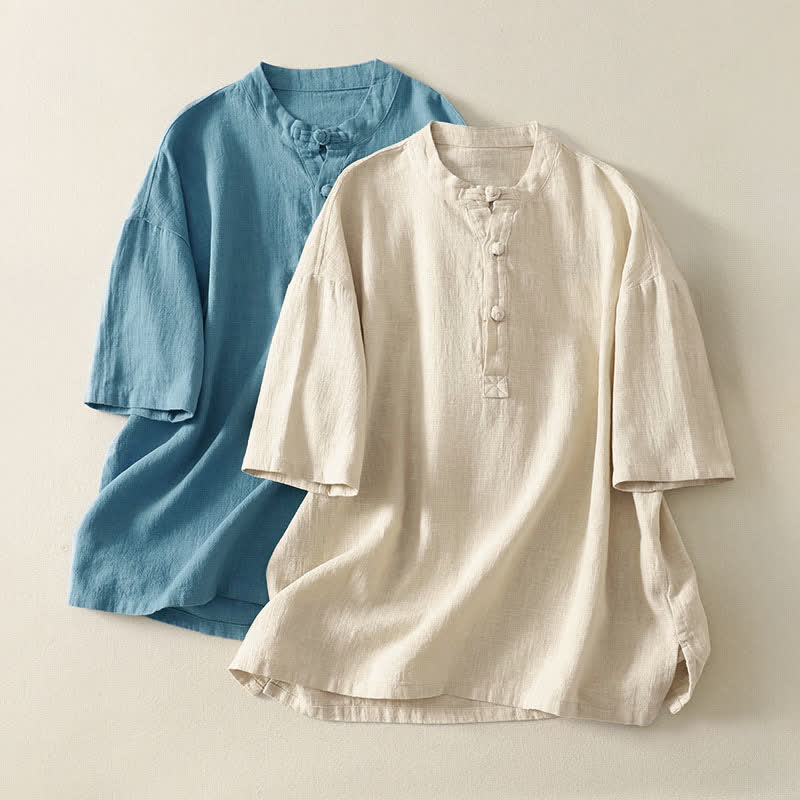 Buddha Stones Summer Stand Collar Buttons Cotton Women's Short Sleeve Shirt