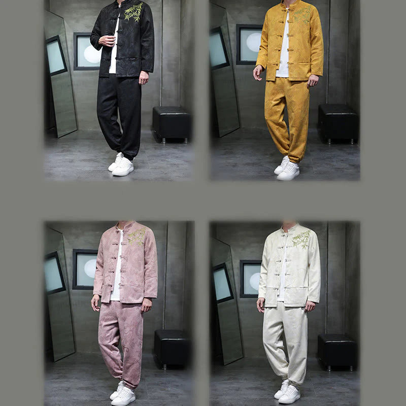 Buddha Stones 2Pcs Spring Dragon Bamboo Clouds Men's Tang Suit Frog-Button Cotton Long Sleeve Jacket Pants Set With Pockets
