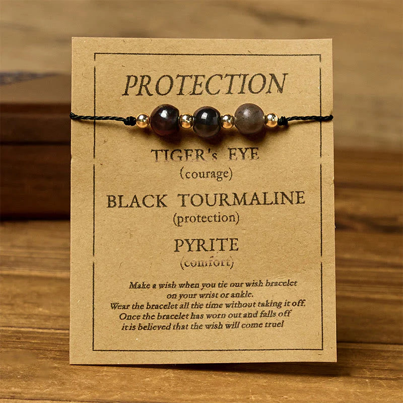 Buddha Stones Tiger Eye Black Tourmaline Pyrite Protection Card Rope Bracelet