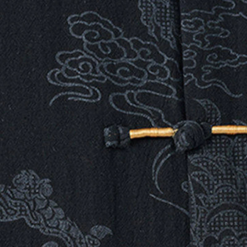 Buddha Stones Summer Dragon Auspicious Clouds Pattern Tang Suit Men's Frog-Button Half Sleeve Cotton Shirt