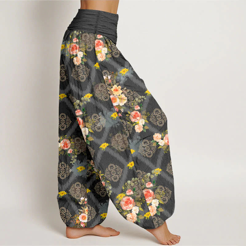 Buddha Stones Cotton Rose Geometric Colorful Flower Pattern Women's Elastic Waist Harem Pants