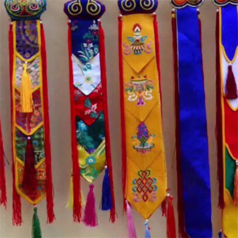 Buddha Stones Lotus Flower Eight Auspicious Symbols Meditation Enlightenment Colorful Tassels Wall Art
