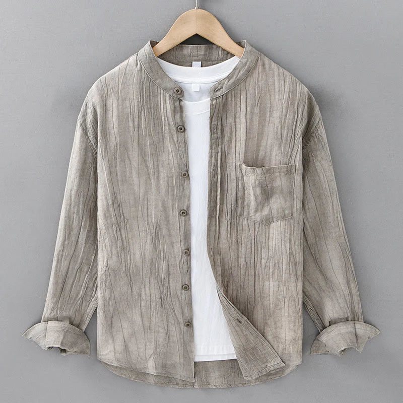 Buddha Stones Solid Long Sleeve Creases Design Buttons Down Ramie Linen Men's Shirts