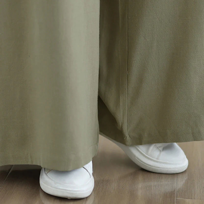 Buddha Stones Women's Pure Color Drawstring Cotton Linen Wide Leg Ankle-Length Pants With Pockets