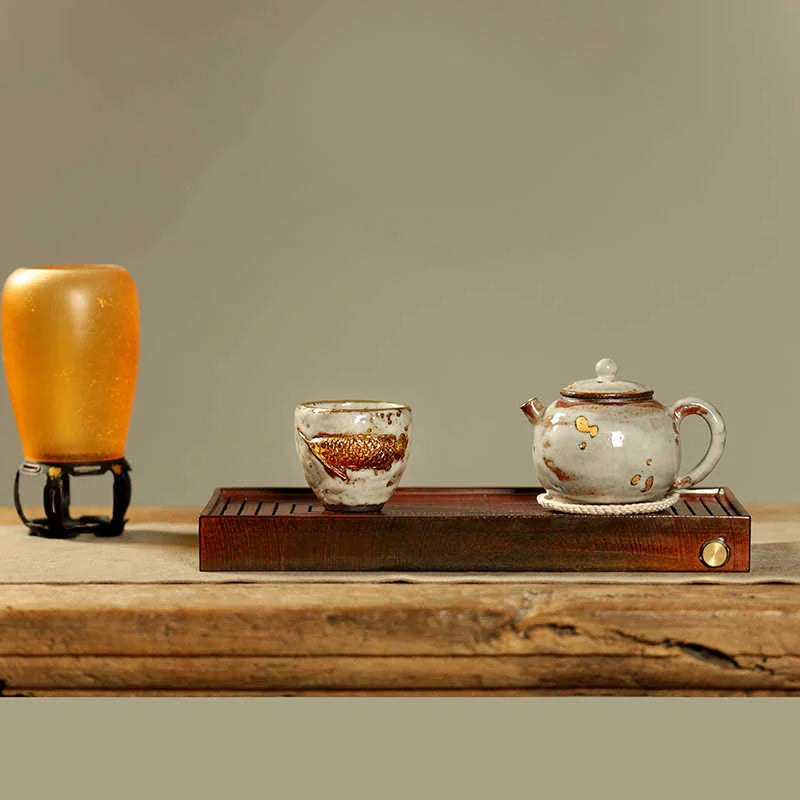 Buddha Stones Handcrafted Golden Arowana Koi Fish Ceramic Teacup Kung Fu Tea Cup Teapot