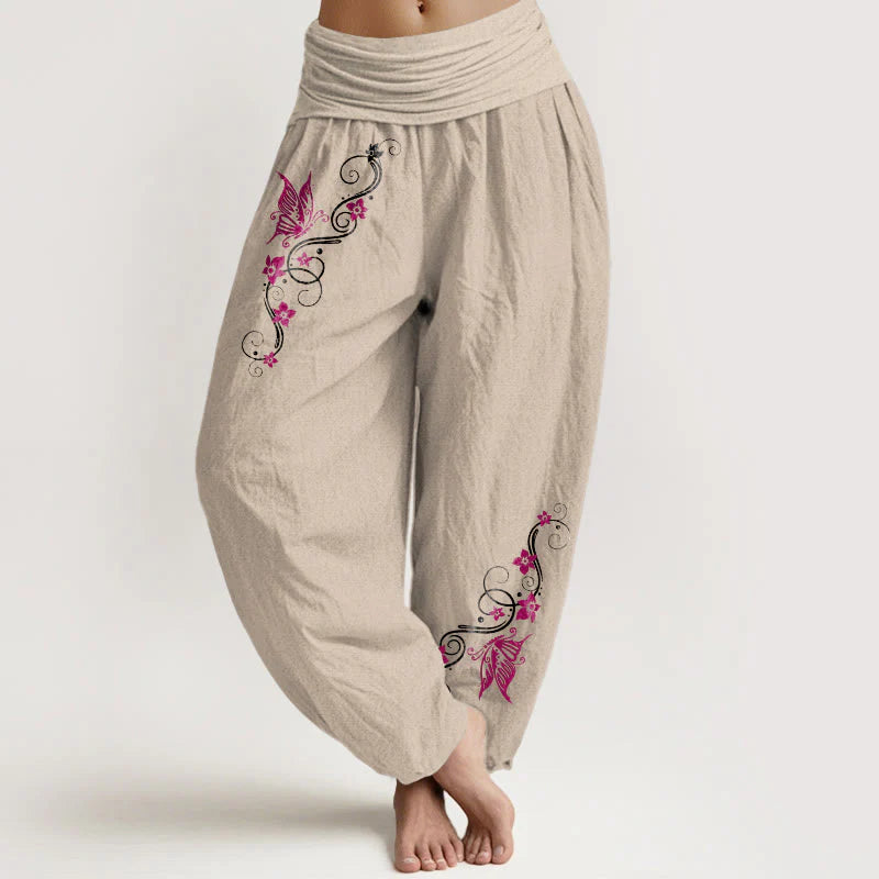 Buddha Stones Pure Cotton Softly Colored Butterfly Flower Vine Pattern Women's Elastic Waist Harem Pants