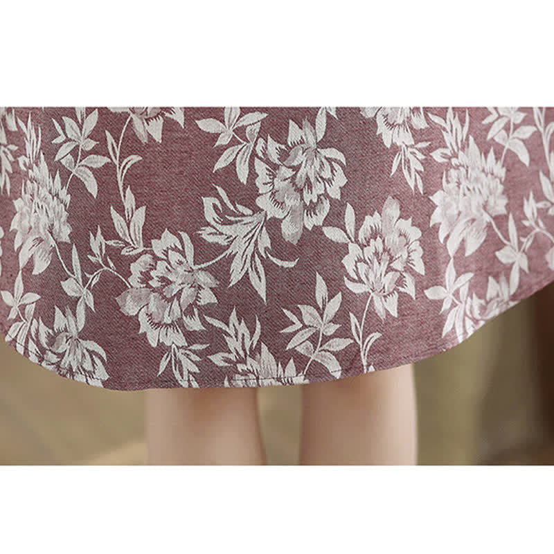 Buddha Stones Frog-button Mandarin Collar Floral Pattern Sleeveless Cotton Mini Dress With Pockets