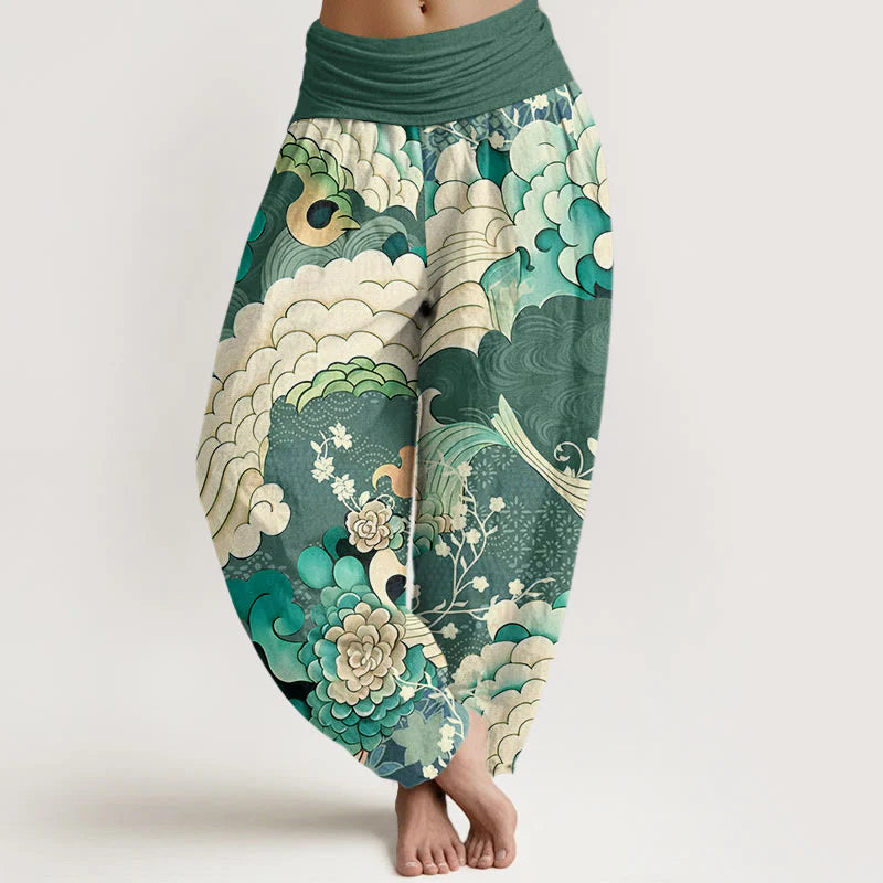Buddha Stones Cotton Flower Wave Pattern Women's Elastic Waist Harem Pants