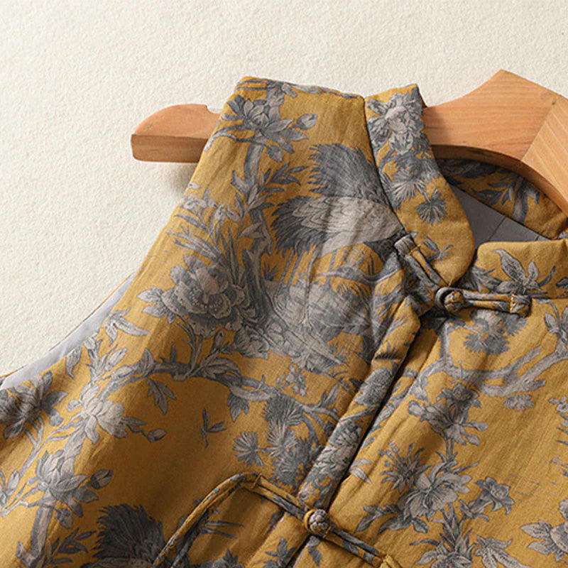 Buddha Stones Crane Flowers Branches Frog-Button Pattern Cotton Women's Sleeveless Vest Waistcoat