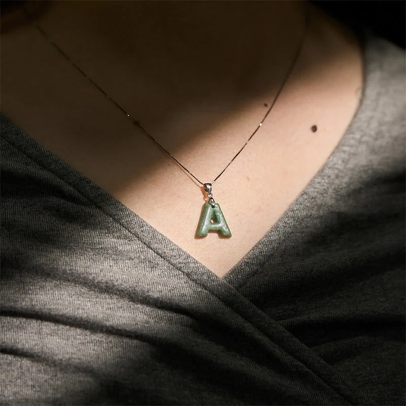 Buddha Stones Natural A-Z Letter Jade 925 Sterling Silver Silm Chain Prosperity Necklace Pendant