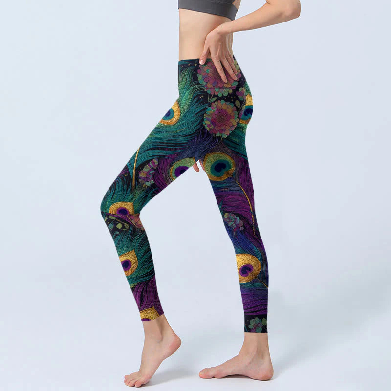 Buddha Stones Gorgeous Peacock Feather Flower Pattern Print Gym Leggings Women's Yoga Pants