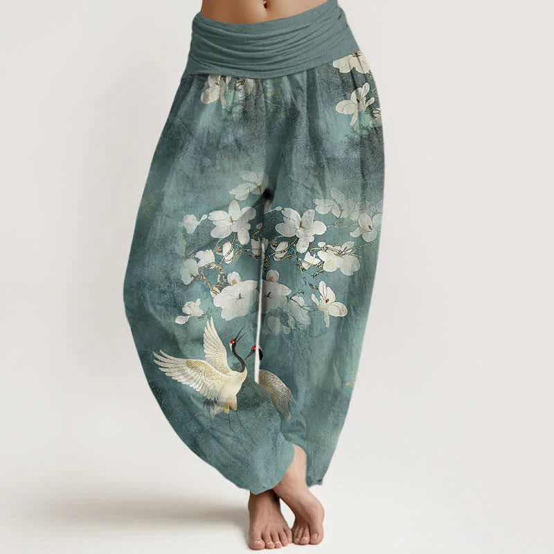 Buddha Stones Crane Blooming Flowers High Waist Women's Harem Pure Cotton Pants