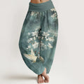 Buddha Stones Crane Blooming Flowers High Waist Women's Harem Pure Cotton Pants