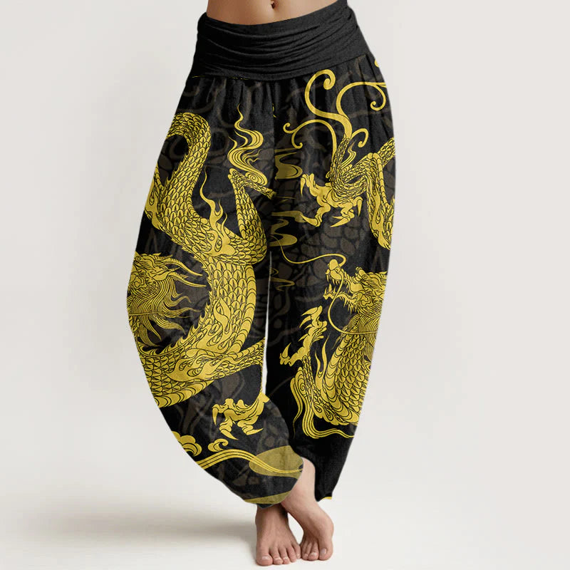 Buddha Stones Cotton Dragon Auspicious Clouds Women's Elastic Waist Harem Pants