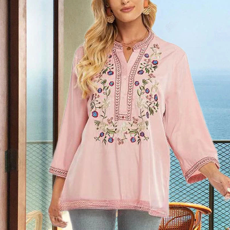 Buddha Stones Pure Color Embroidery Flower Design Long Sleeve V-Neck Cotton Women's T-Shirt