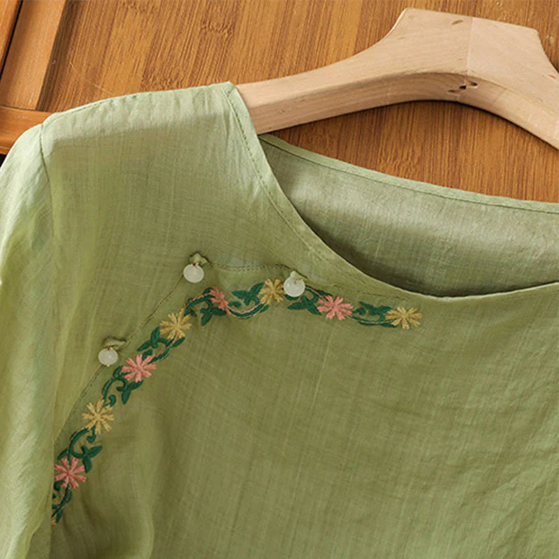 Buddha Stones Casual Embroidery Flowers Cotton Polyester Half Sleeve Women's Crew Neck Shirt