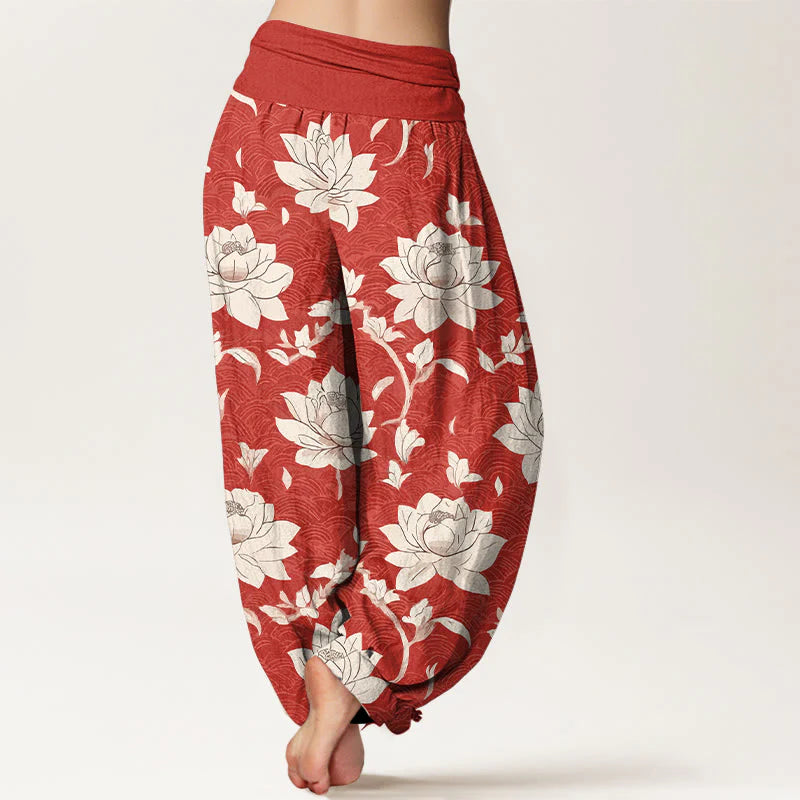 Buddha Stones Pure Cotton Beige Lotus Pattern Women's Elastic Waist Harem Pants