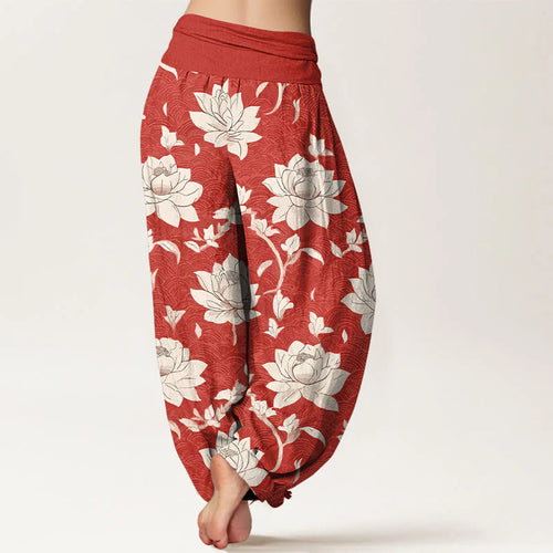 Buddha Stones Pure Cotton Beige Lotus Pattern Women's Elastic Waist Harem Pants