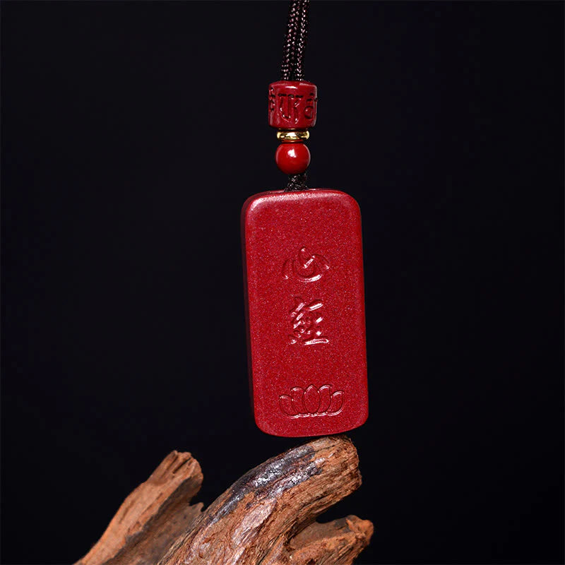Buddha Stones Cinnabar Lotus Heart Sutra Engraved Blessing Rope Necklace Pendant