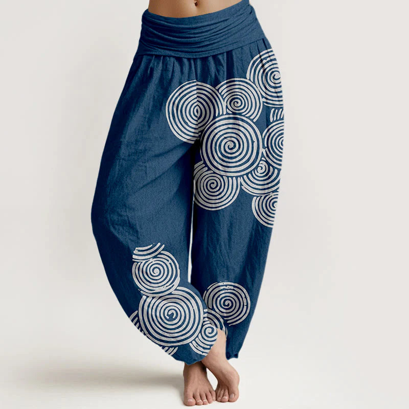 Buddha Stones Printed White Spiral Pattern Women's Elastic Waist Harem Pure Cotton Pants