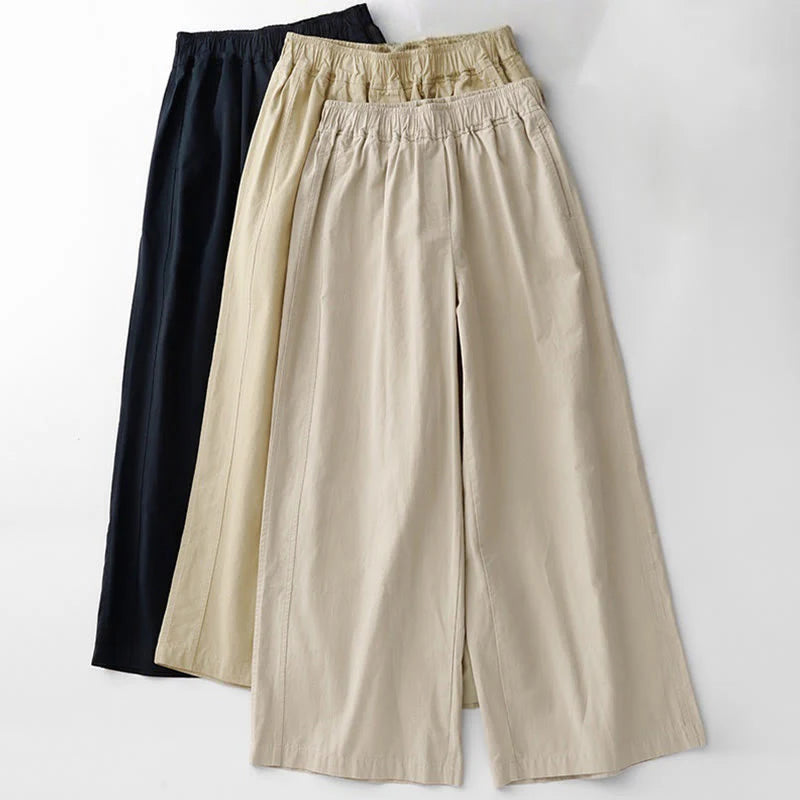 Buddha Stones Spring Commute Solid Color High Waist Women's Wide Leg Cotton Linen Pants With Pockets