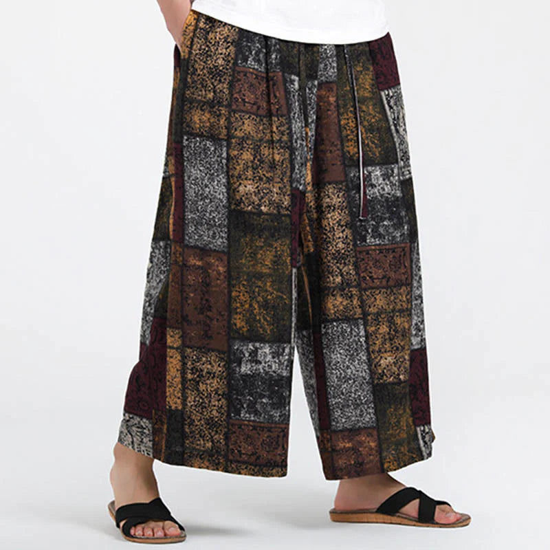 Buddha Stones Summer Patchwork Design 7-8 Length Men's Wide Leg Pants With Pockets