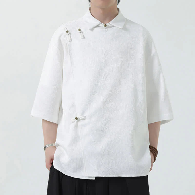 Buddha Stones Summer Mandarin Collar Textured Jacquard Men's Elbow Sleeve Shirt