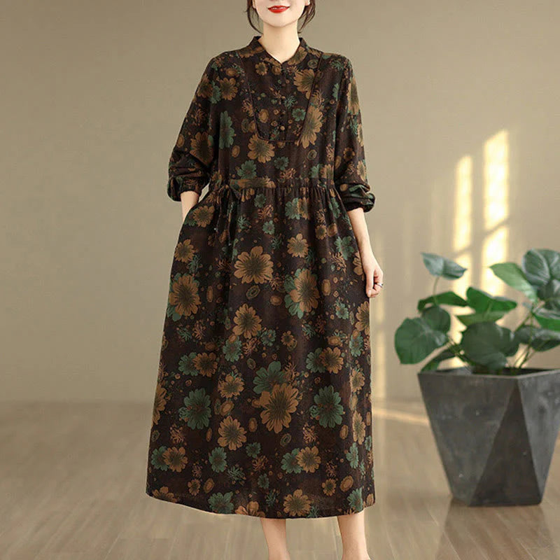 Buddha Stones Flower Pattern Long Sleeve Cotton Midi Dress With Pockets