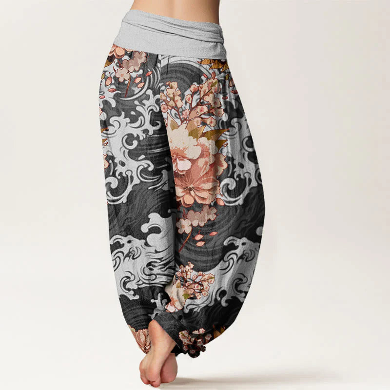 Buddha Stones Cotton Casual Wave And Floral Pattern Women's Elastic Waist Harem Pants