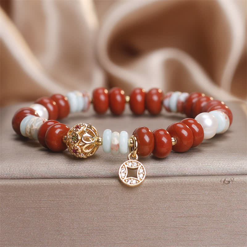 FREE Today: Protection and Support Red Jasper Shoushan Stone Abacus Beads Copper Coin Bracelet