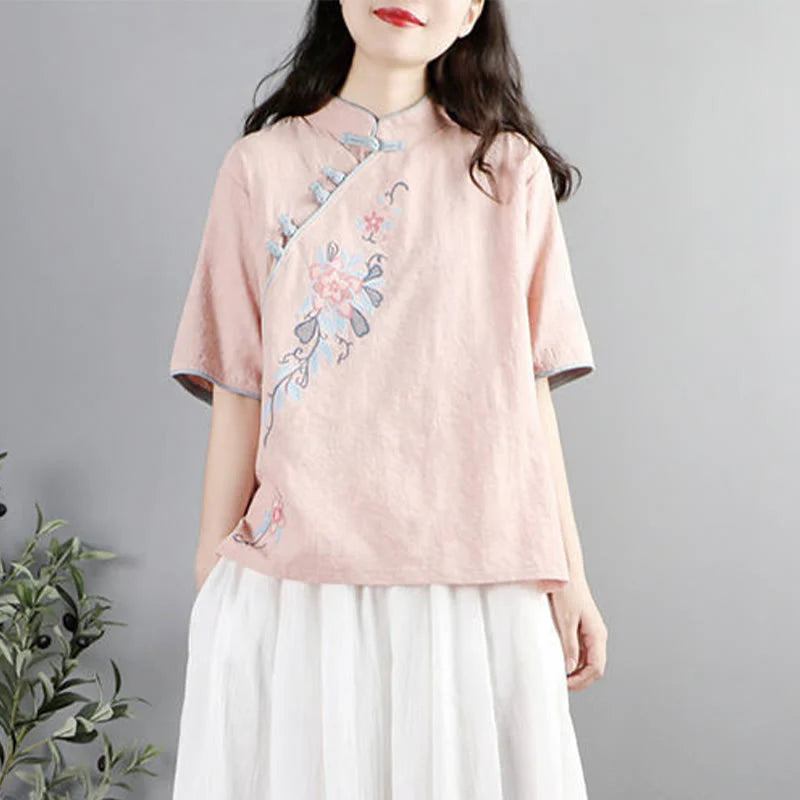 Buddha Stones Summer Flower Embroidery Half Sleeve Frog-Button Mandarin Collar Cotton Linen Women's Shirt