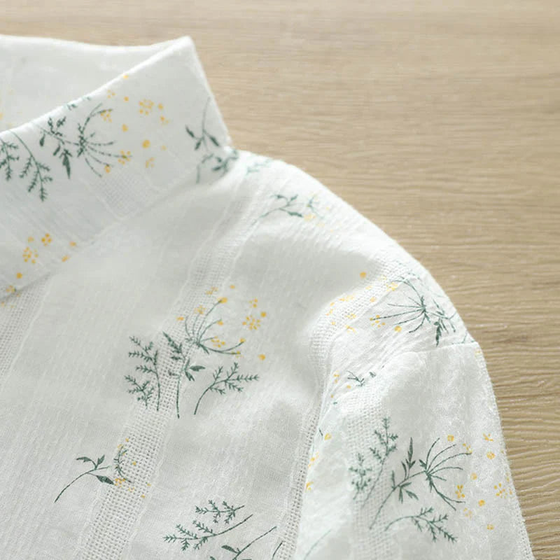 Buddha Stones Fall White Yellow Flowers Green Leaves Buttons Women's Cotton Long Sleeve Shirt