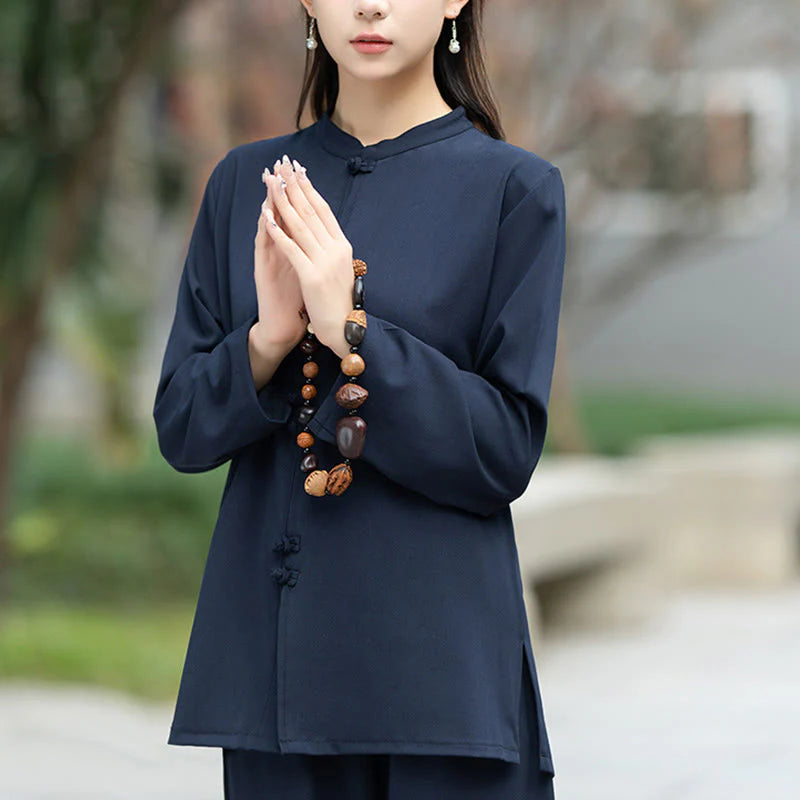 Buddha Stones 2Pcs Chinese Frog-Button Long Sleeve Shirt Top Pants Meditation Zen Tai Chi Cotton Clothing Women's Set