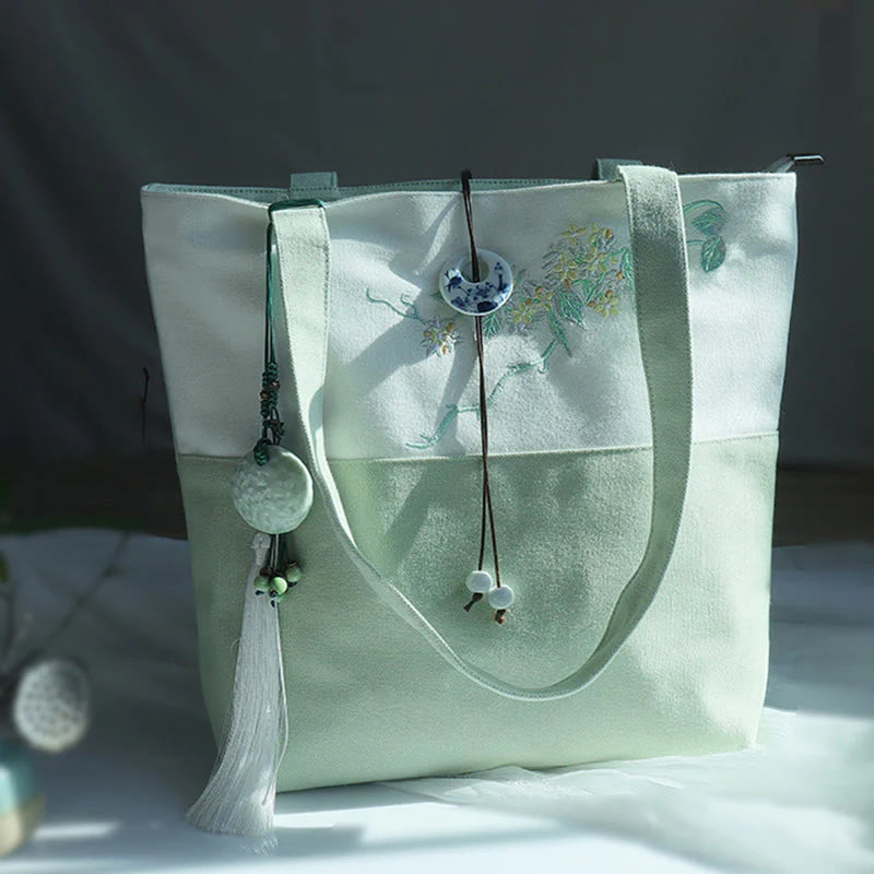 Buddha Stones Pear Flower Plum Peach Blossom Bamboo Embroidery Canvas Large Capacity Shoulder Bag Tote Bag