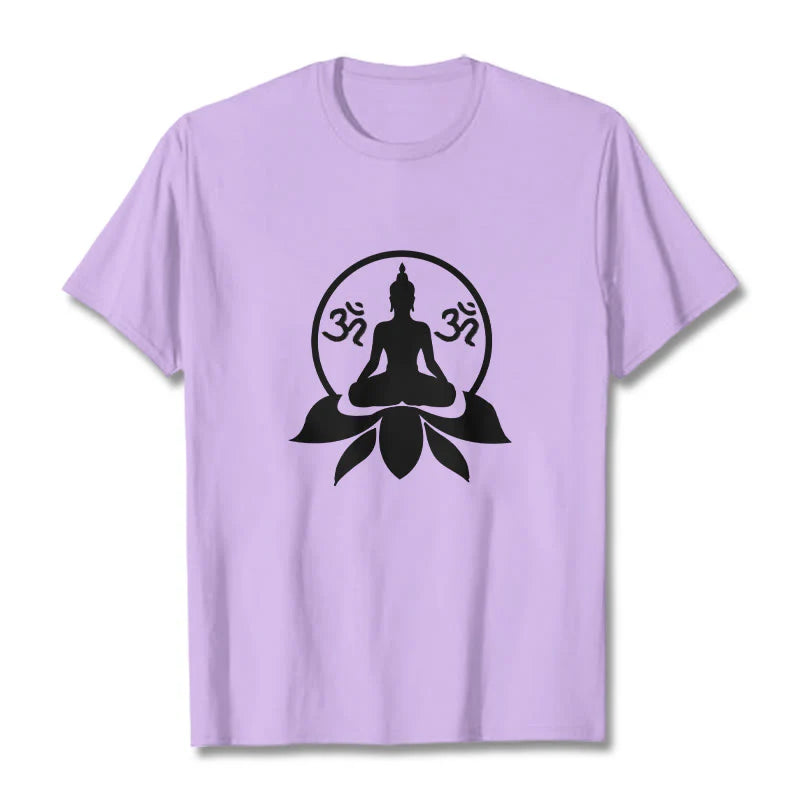Buddha Stones OM Symbol Sanskrit Mantras Buddha Seated On Lotus Flower Design Tee T-shirt