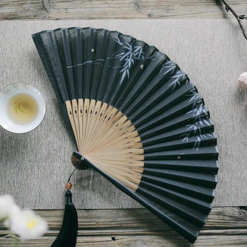 Buddha Stones Firefly Bamboo Leaves Pattern Tassels Handheld Bamboo Folding Fan