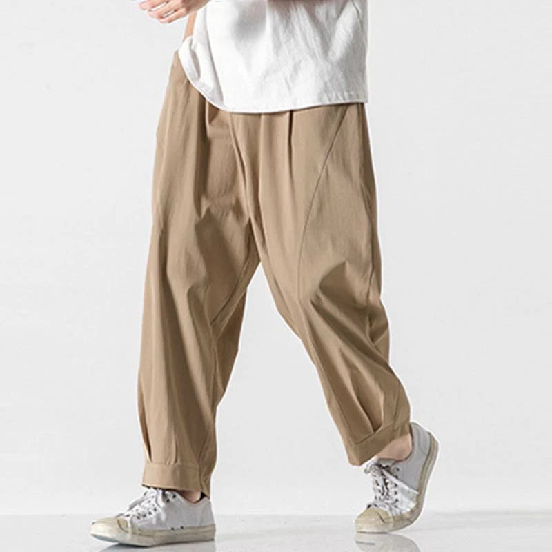 Buddha Stones Summer Solid Drawstring Ankle-Length Men's Cargo Harem Pants With Pockets