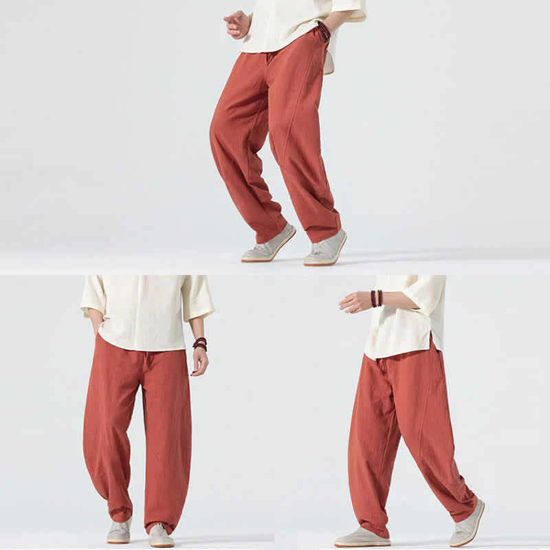Buddha Stones Spring Pure Color Men's Cotton Drawstring Pants With Pockets