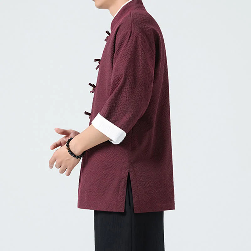 Buddha Stones Spring Solid Color Three Quarter Sleeve Tang Suit Men's Buttons Shirt With Pockets